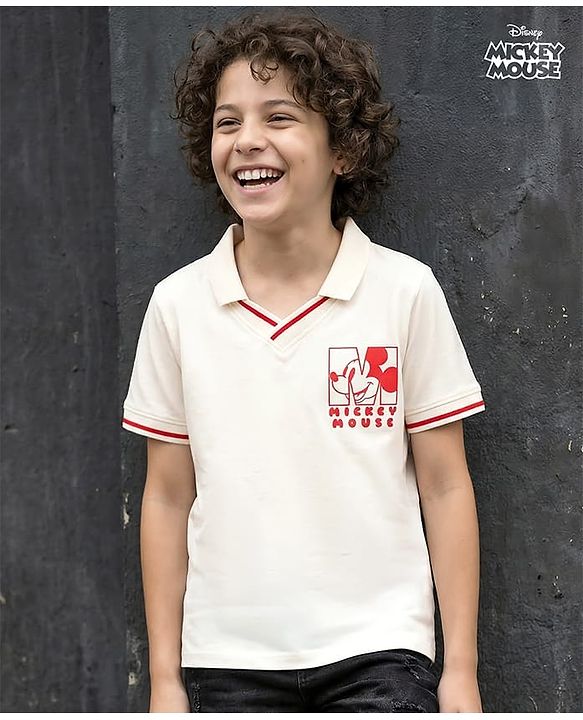 Pine Kids Disney Single Jersey Knit Half Sleeves Polo T-Shirt With Mickey Mouse Graphics - Off White