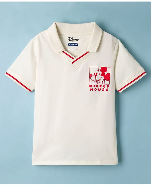 Pine Kids Disney Single Jersey Knit Half Sleeves Polo T-Shirt With Mickey Mouse Graphics - Off White