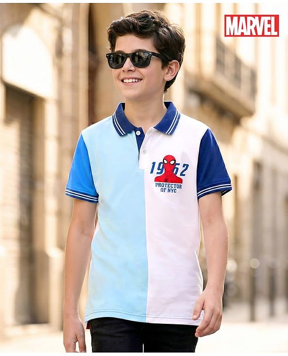 Pine Kids Marvel Single Jersey Knit Half Sleeves Cut & Sew Polo T-Shirt with Spider-Man Graphic - Light Blue