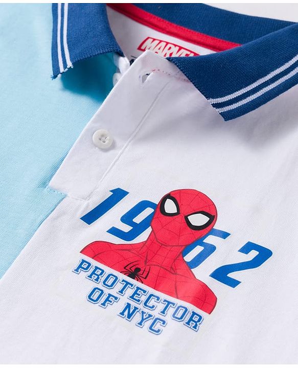 Pine Kids Marvel Single Jersey Knit Half Sleeves Cut & Sew Polo T-Shirt with Spider-Man Graphic - Light Blue