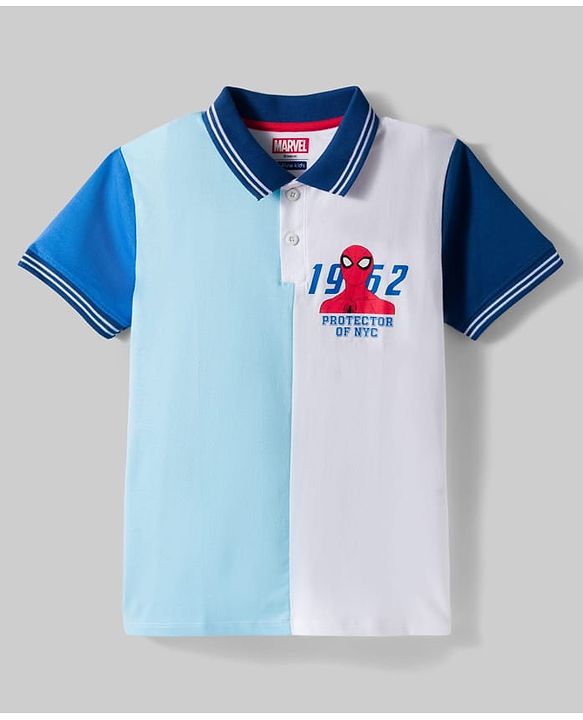 Pine Kids Marvel Single Jersey Knit Half Sleeves Cut & Sew Polo T-Shirt with Spider-Man Graphic - Light Blue