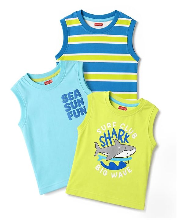 Babyhug Cotton Knit T-Shirts Sleeveless Graphic Light/Sky Blue 6-9 Months Pack of 3