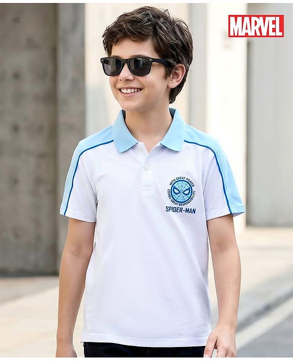 Pine Kids Marvel 100% Cotton Knit Half Sleeves Polo T-Shirt With Spider-Man Graphic -Multicolour