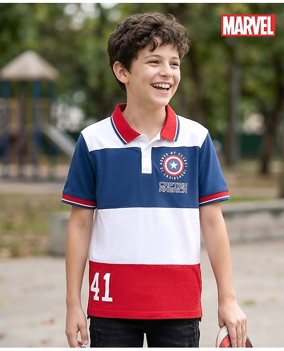 Pine Kids Marvel Single Jersey Knit Half Sleeves Polo T-Shirt With Avengers Graphics - Multicolor