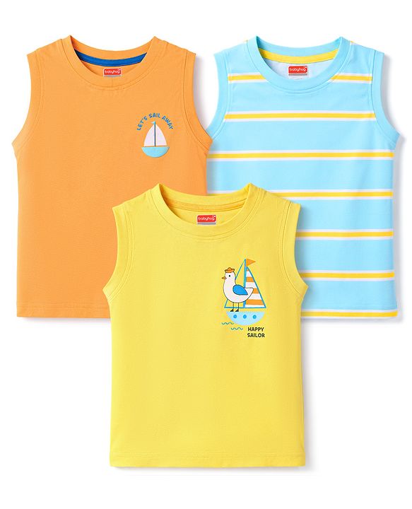 Babyhug Cotton Knit T-Shirts Sleeveless with Graphics Multi Color 6-9 Months Pack of 3
