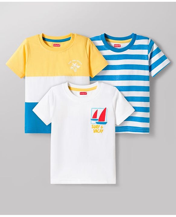 Babyhug Cotton Knit Half Sleeves T-Shirts with Stripes & Surf & Vacay Text Graphics Pack of 3 - Multicolor