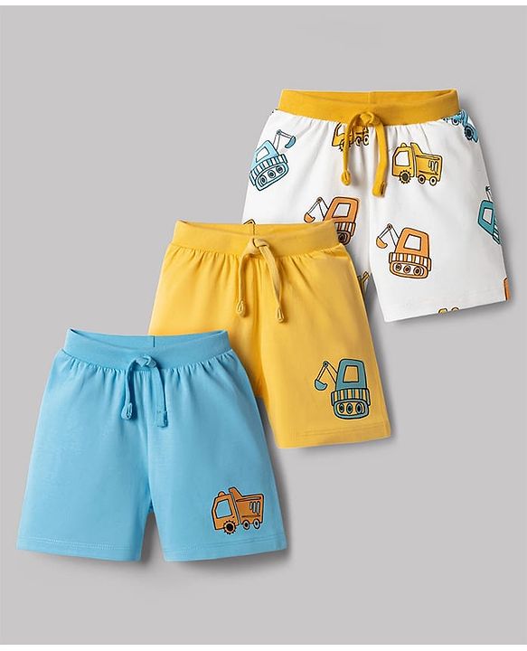 Babyhug Cotton Knit Mid Thigh Construction Vehicles Printed Shorts Pack Of 3 - Multi Color