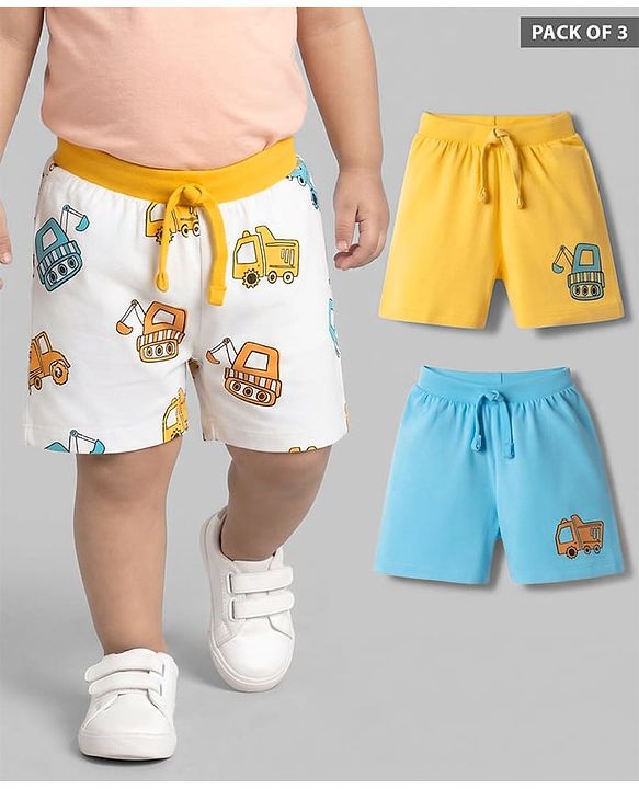 Babyhug Cotton Knit Mid Thigh Construction Vehicles Printed Shorts Pack Of 3 - Multi Color