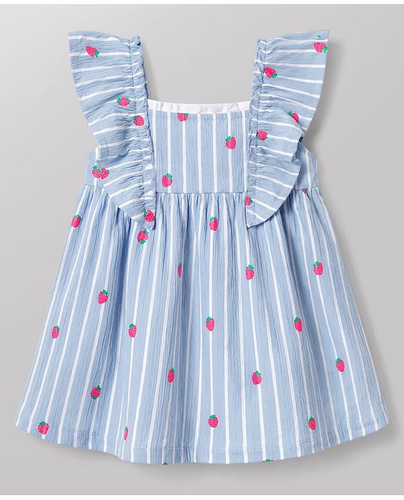 Babyhug 100% Cotton Knit Frill Sleeves Strawberry Printed & Striped Frock - Light Blue