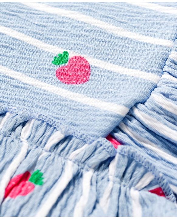 Babyhug 100% Cotton Knit Frill Sleeves Strawberry Printed & Striped Frock - Light Blue