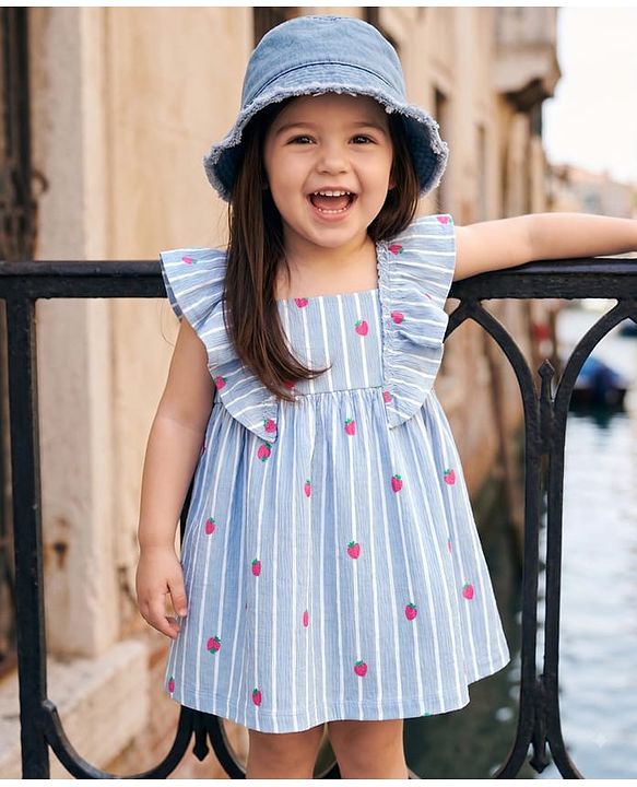 Babyhug 100% Cotton Knit Frill Sleeves Strawberry Printed & Striped Frock - Light Blue