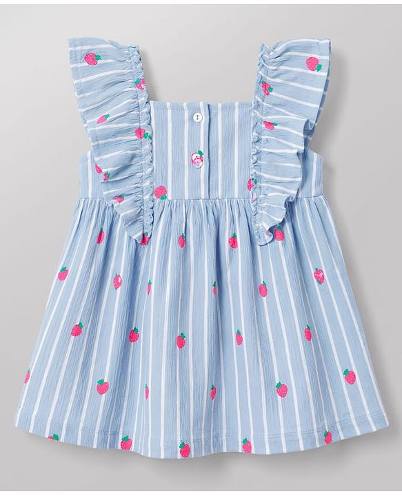 Babyhug 100% Cotton Knit Frill Sleeves Strawberry Printed & Striped Frock - Light Blue