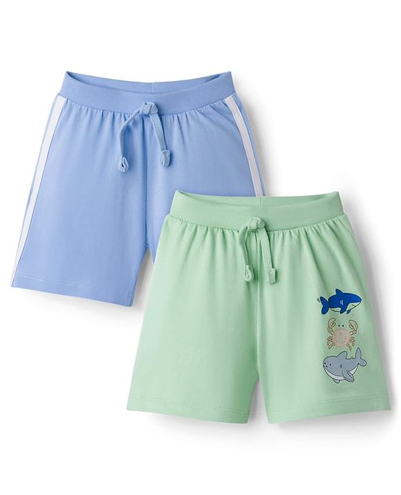 Babyhug Cotton Knit Mid Thigh Length Shorts with Sea Life Print & Tape Detailing Pack of 2 - Multicolor