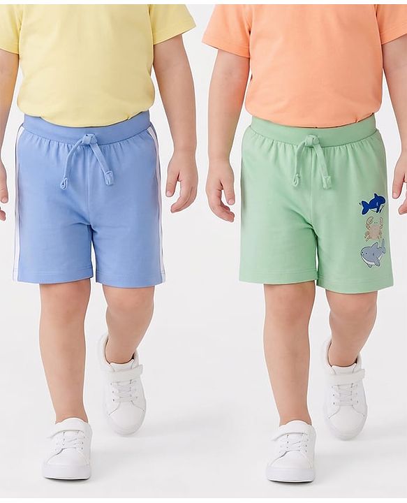 Babyhug Cotton Knit Mid Thigh Length Shorts with Sea Life Print & Tape Detailing Pack of 2 - Multicolor