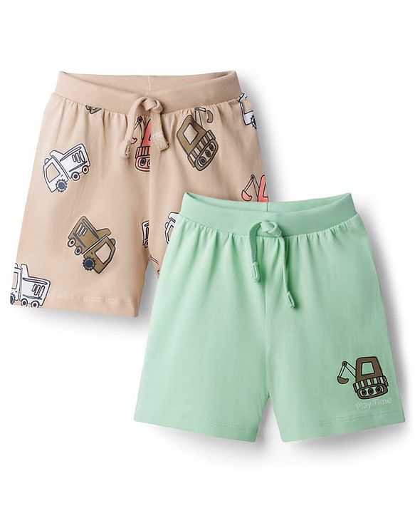 Babyhug Cotton Knit Mid Thigh Length Shorts with Sea Vehicle Print Pack of 2 - Multicolor