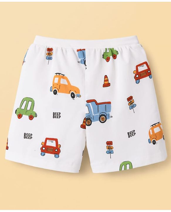 Babyhug Cotton Knit Mid Thigh Vehicles Printed Shorts Pack Of 2 - Multi Color