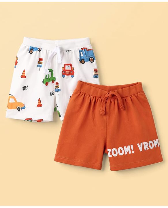 Babyhug Cotton Knit Mid Thigh Vehicles Printed Shorts Pack Of 2 - Multi Color