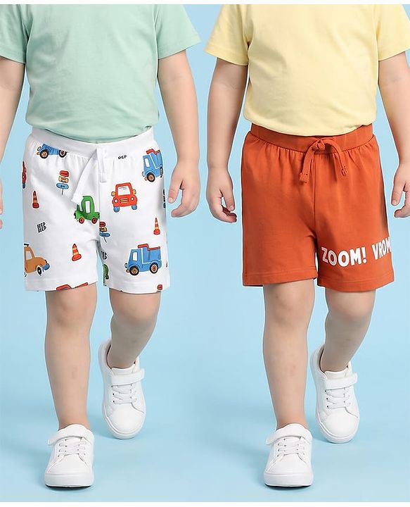 Babyhug Cotton Knit Mid Thigh Vehicles Printed Shorts Pack Of 2 - Multi Color