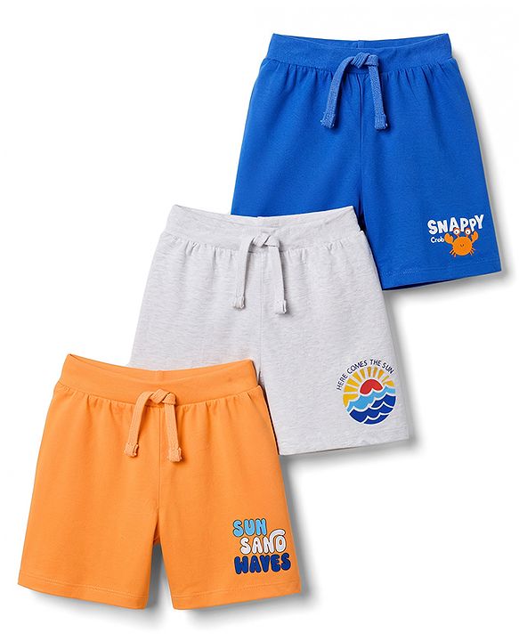 Babyhug Cotton Single Jersey Knit Mid Thigh Shorts with Sun & Text Print Pack Of 3 -  Multicolour