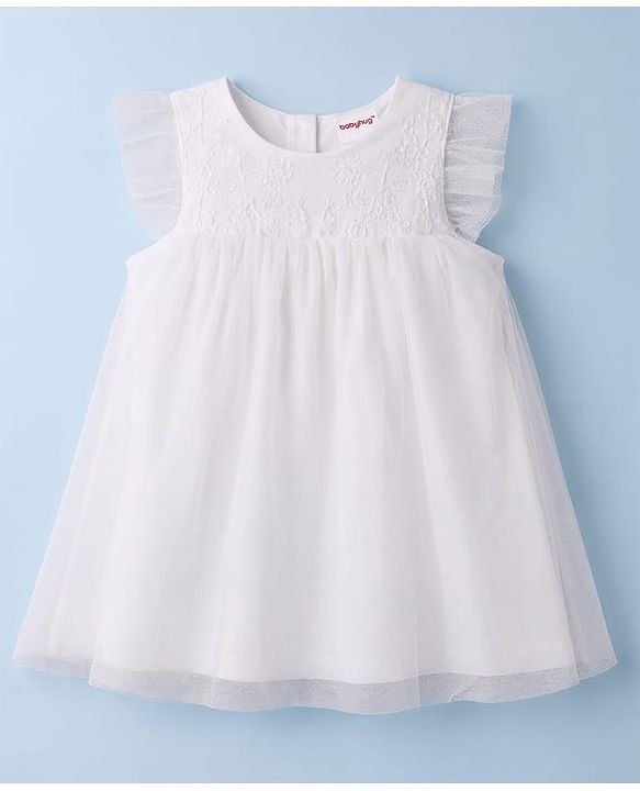 Babyhug Mesh Knit Frill Sleeves One Piece Dress/Frock With Floral Embroidery - White