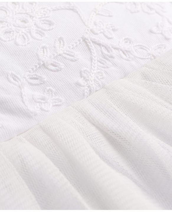 Babyhug Mesh Knit Frill Sleeves One Piece Dress/Frock With Floral Embroidery - White