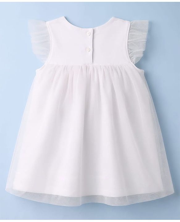 Babyhug Mesh Knit Frill Sleeves One Piece Dress/Frock With Floral Embroidery - White