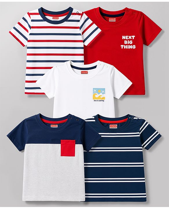 Babyhug 100% Cotton Knit Half Sleeves Striped Beach Theme Text Printed T-Shirts Pack Of 5 - Multicolor