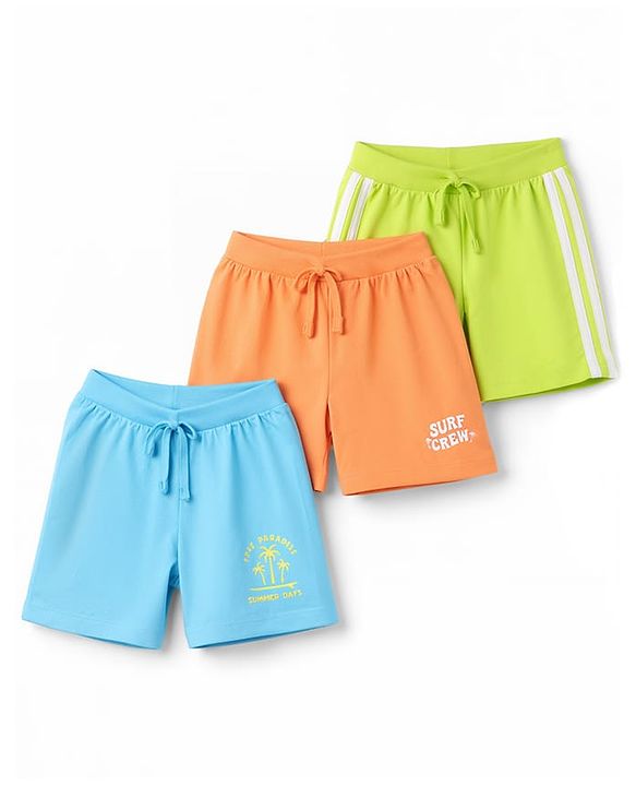 Babyhug Cotton Single Jersey Knit Mid Thigh Shorts With Beach Theme Print Pack of 3 - Multicolor