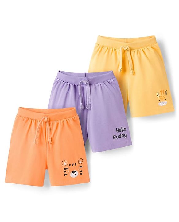 Babyhug 100% Cotton Single Jersey Knit Mid Thigh Shorts With Animal & Text Print Pack of 3 - Multicolor