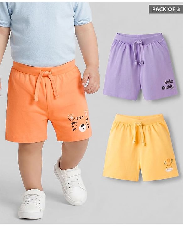 Babyhug 100% Cotton Single Jersey Knit Mid Thigh Shorts With Animal & Text Print Pack of 3 - Multicolor