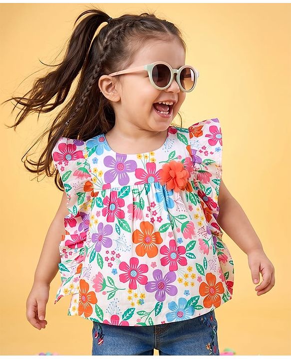 Babyhug Cotton Woven Half Frill Sleeves Floral Printed Top With Applique - Multicolor