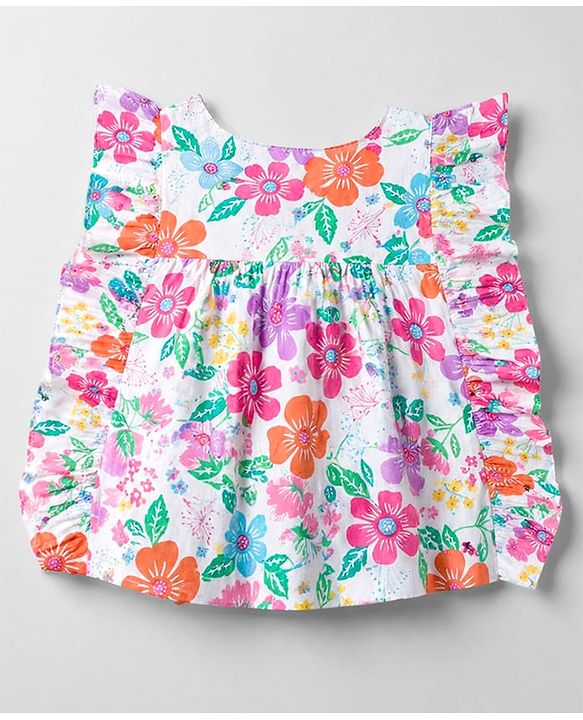 Babyhug Cotton Woven Half Frill Sleeves Floral Printed Top With Applique - Multicolor