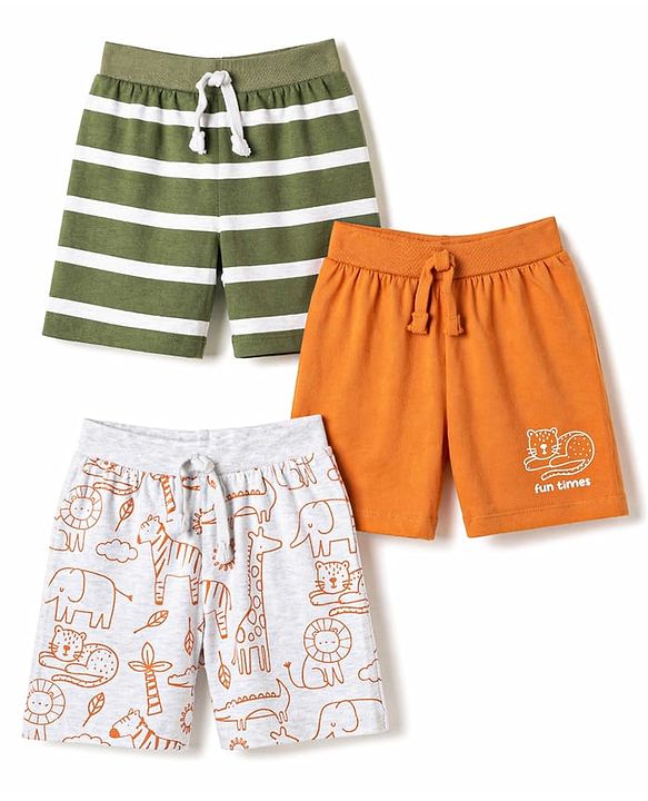 Babyhug Cotton Knit Mid Thigh Striped & Animal Printed Shorts Pack Of 3 - Multicolor