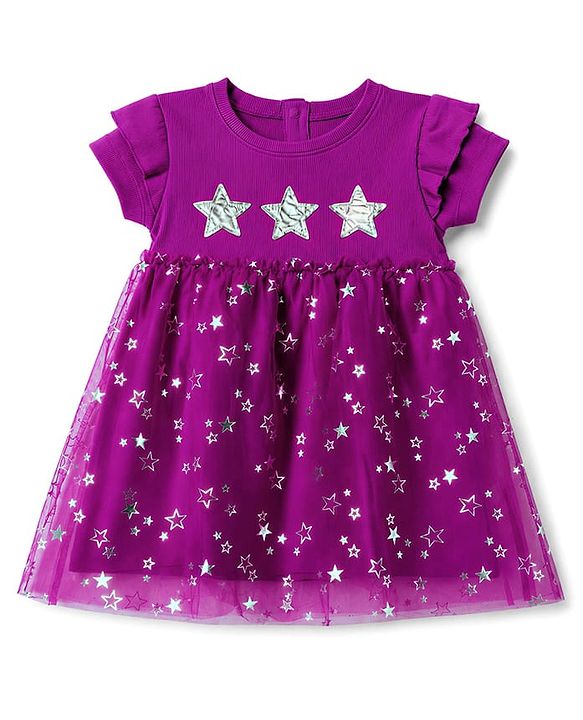 Babyhug Knitted Half Frill Sleeves Star Foil Printed Frock With Patch - Purple