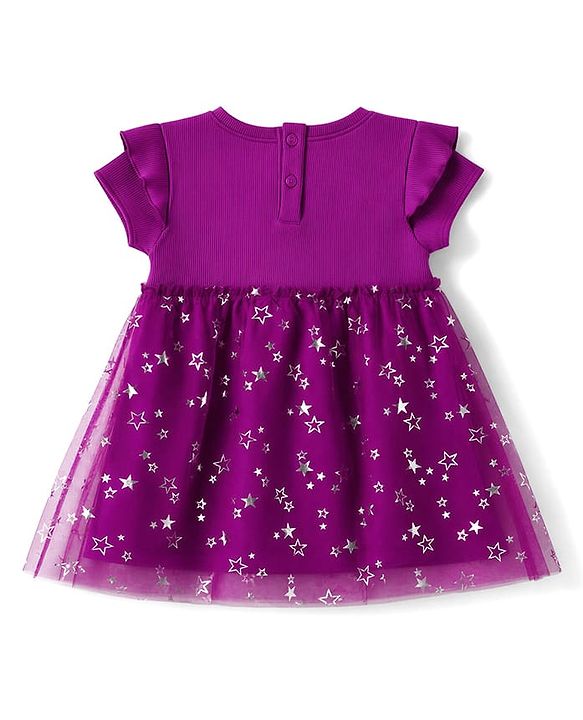 Babyhug Knitted Half Frill Sleeves Star Foil Printed Frock With Patch - Purple