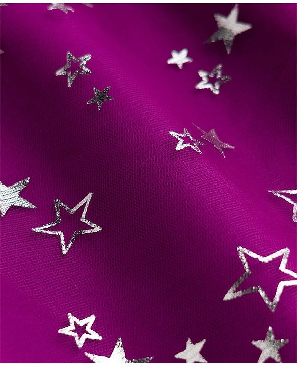 Babyhug Knitted Half Frill Sleeves Star Foil Printed Frock With Patch - Purple