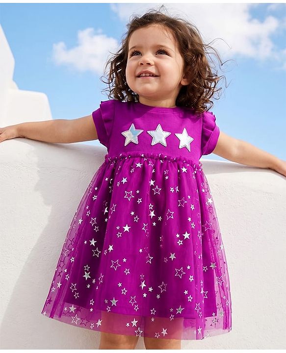 Babyhug Knitted Half Frill Sleeves Star Foil Printed Frock With Patch - Purple