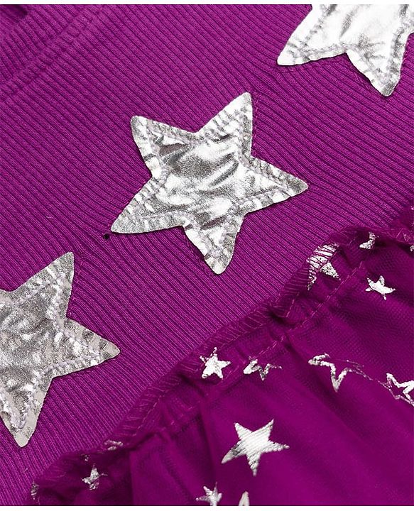 Babyhug Knitted Half Frill Sleeves Star Foil Printed Frock With Patch - Purple