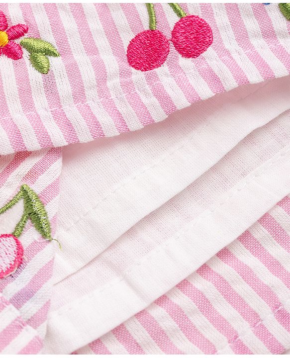 Babyhug 100% Cotton Woven Sleeveless Floral Embroidered & Striped Top - Pink
