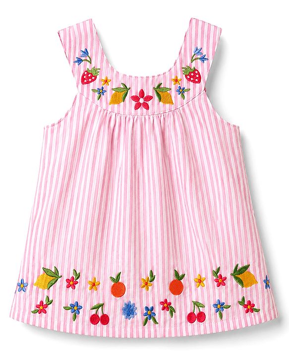 Babyhug 100% Cotton Woven Sleeveless Floral Embroidered & Striped Top - Pink