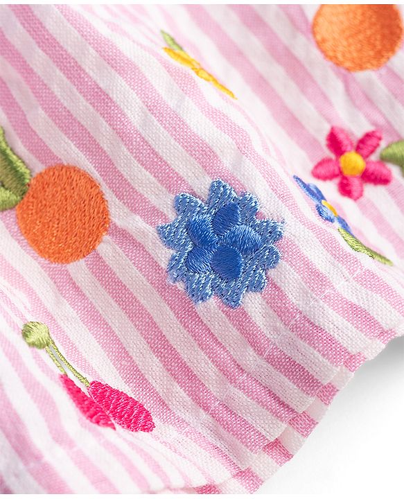 Babyhug 100% Cotton Woven Sleeveless Floral Embroidered & Striped Top - Pink