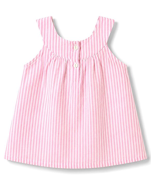 Babyhug 100% Cotton Woven Sleeveless Floral Embroidered & Striped Top - Pink