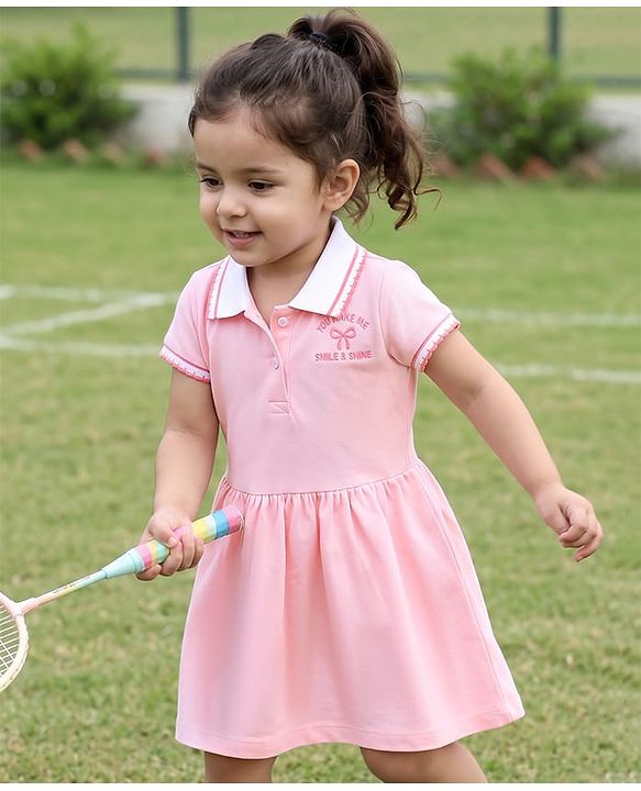 Babyhug Knit Half Sleeves Frock with Bow Print - Pink