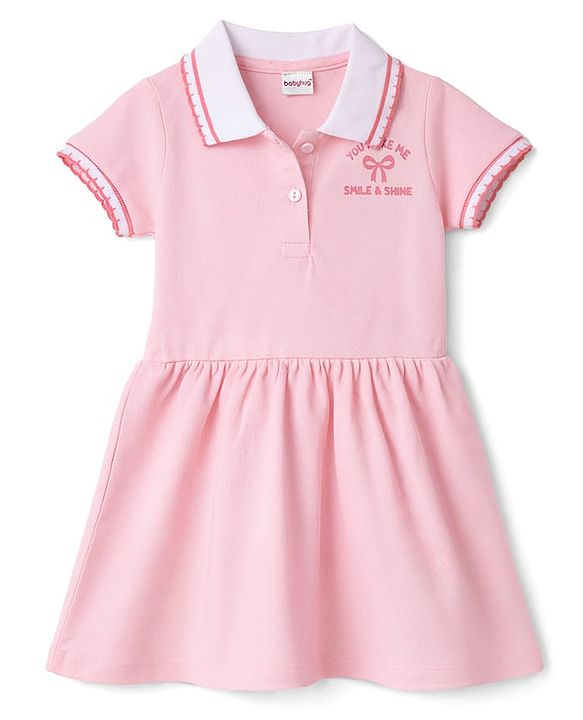 Babyhug Knit Half Sleeves Frock with Bow Print - Pink