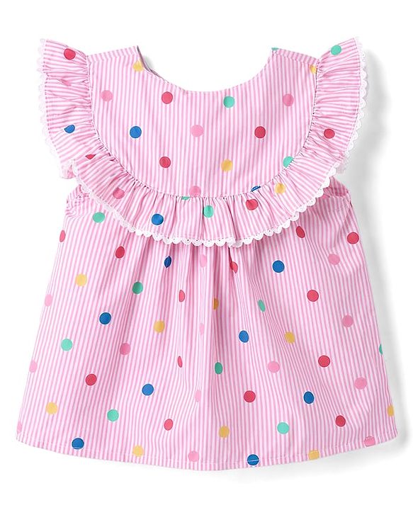 Babyhug 100% Cotton Woven Sleeveless Striped Top With Schiffli Detailing & Polka Dots Print - MUlticolor
