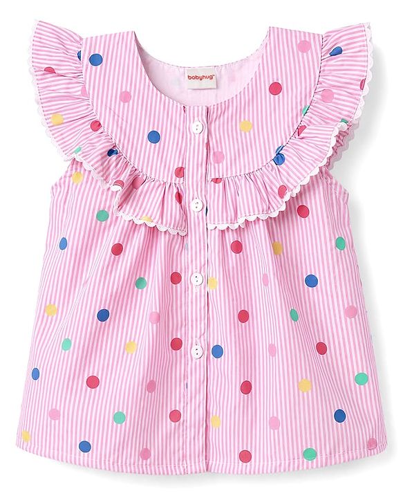 Babyhug 100% Cotton Woven Sleeveless Striped Top With Schiffli Detailing & Polka Dots Print - MUlticolor
