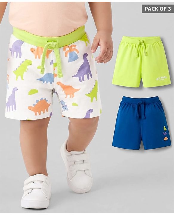 Babyhug Single Jersey Knit Mid Thigh Shorts With Dino Print Pack of 3 - Multicolor