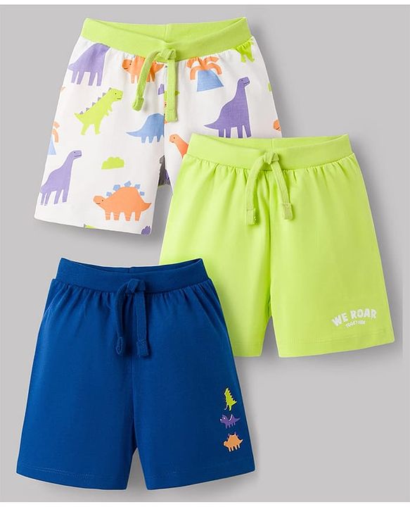 Babyhug Single Jersey Knit Mid Thigh Shorts With Dino Print Pack of 3 - Multicolor