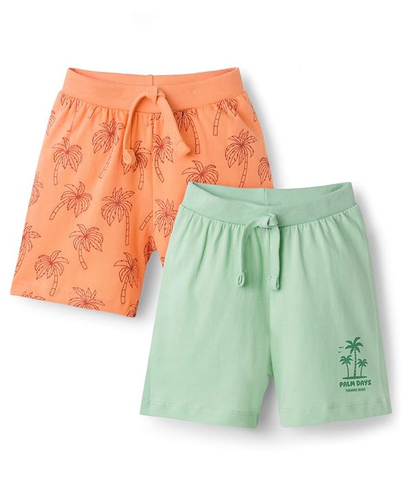 Babyhug Cotton Knit Mid Thigh Length Shorts with Palm Tree Print Pack of 2 - Multicolor