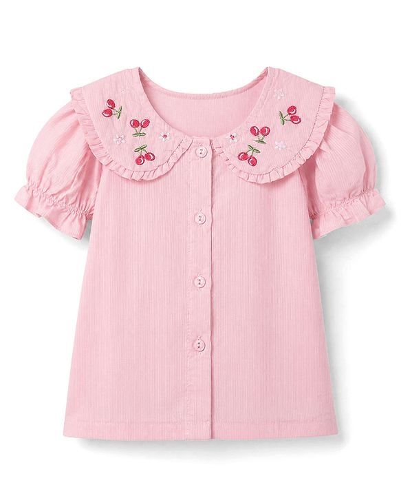 Babyhug 100% Cotton Woven Half Frill Sleeves Top with Floral and Cherry Embroidery - Pink